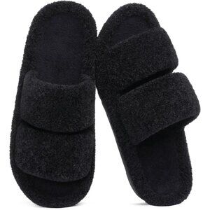 Women's Fuzzy Moderate Arch Support Open Toe Cozy Bedroom Black Slippers  Shoes